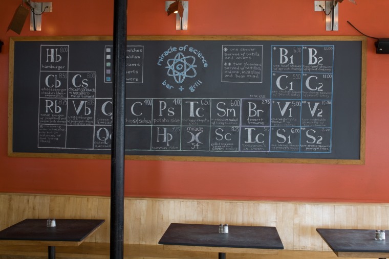 There's geeky, and then there's Cambridge geeky. At , "M.O.S." to regulars, the menu looks like a periodic table, the drinks arrive in beakers, and the condiments come in test tubes. 